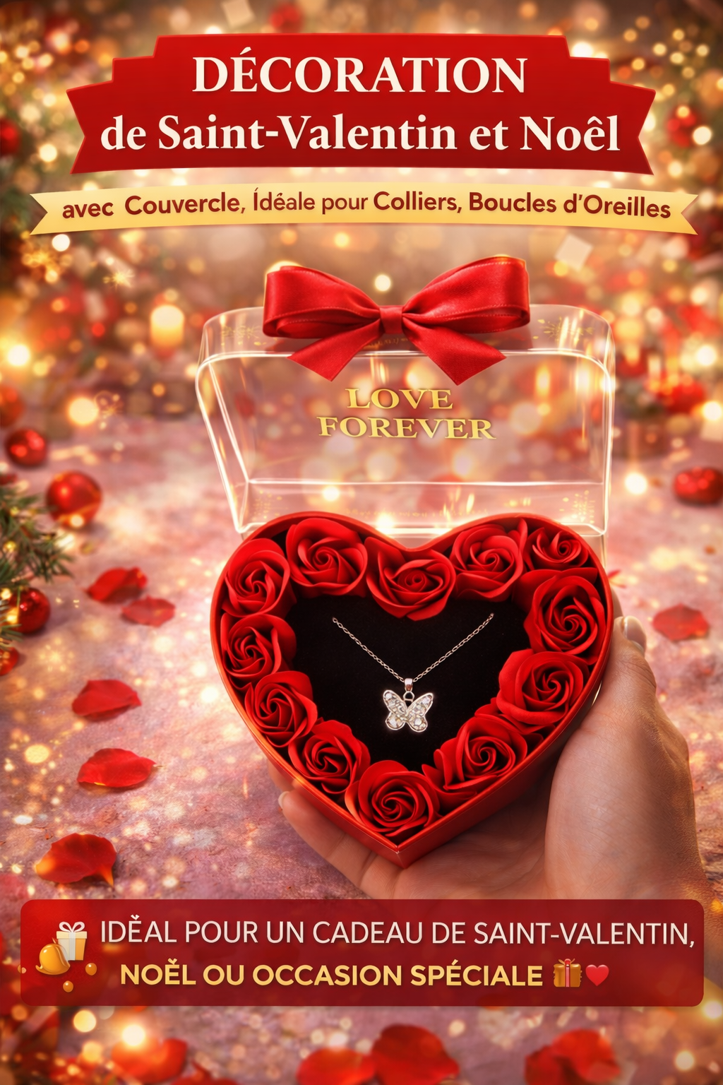 Coffret Cœur Rose Éternelle Décoration – Présentoir Bijoux Romantique